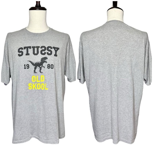 Stussy | Men | Gray Old Skool Dino T-Rex Crew Neck SS Graphic Tee | Size Large - Picture 1 of 10